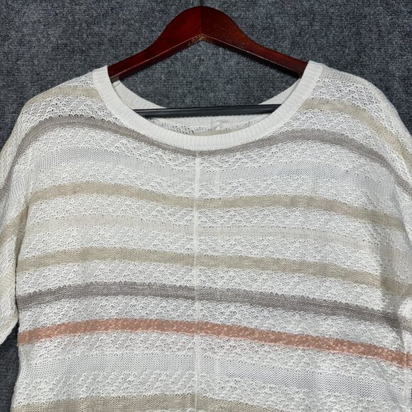 Ann Taylor LOFT Sweater Women XS White Striped Loose Knit Cotton Linen Pockets - Picture 4 of 9
